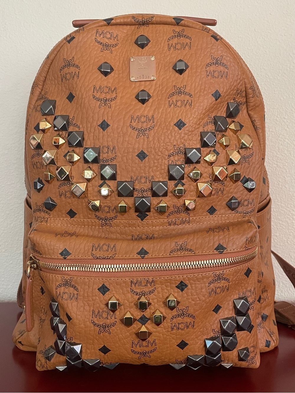 MCM Cognac Visetos Studded Large Backpack